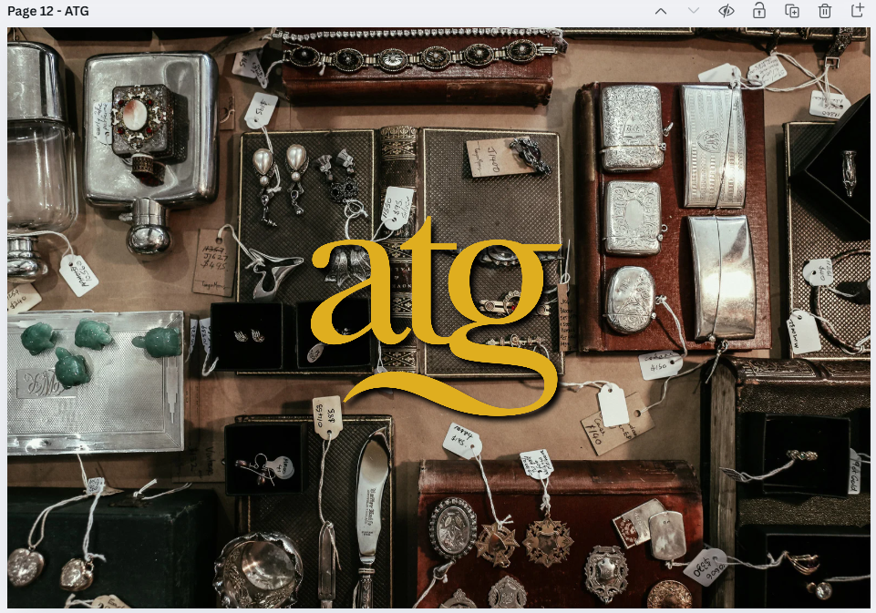 Antiques flat-lay with ATG company logo